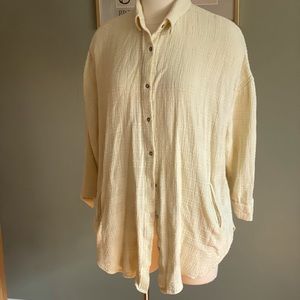 Soft Surroundings Light yellow Linen button collared Shirt light weight XL Pock…
